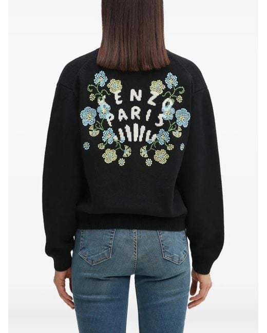 KENZO Black Floral-Embroidered Cardigan