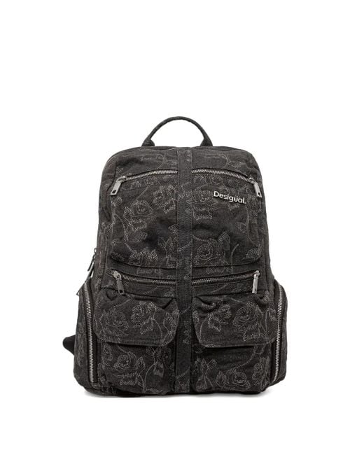 Desigual Black Floral-Pattern Zip-Pocket Backpack