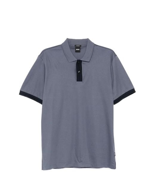 Boss Blue Mercerised-Cotton Polo Shirt With Striped Trims for men