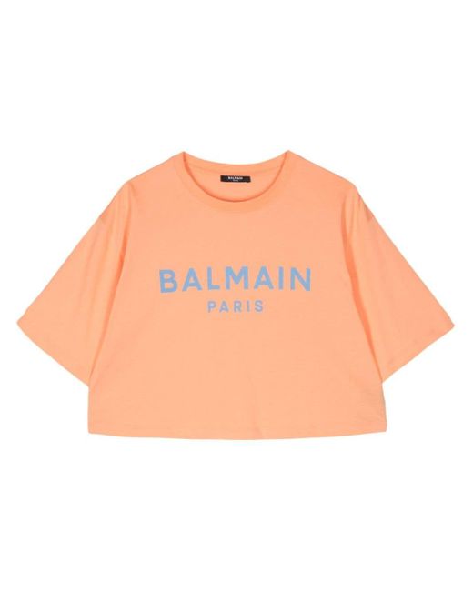 Balmain Orange Logo-print Cropped T-shirt