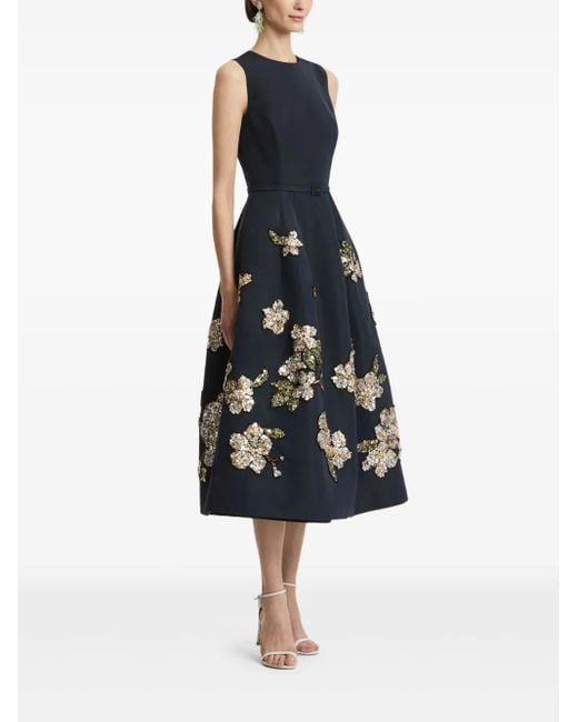 Oscar de la Renta Blue Sequin-Embellished Floral Midi Dress