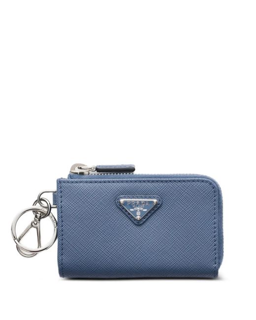 Prada Blue Saffiano Leather Mini Pouch With Keychain for men