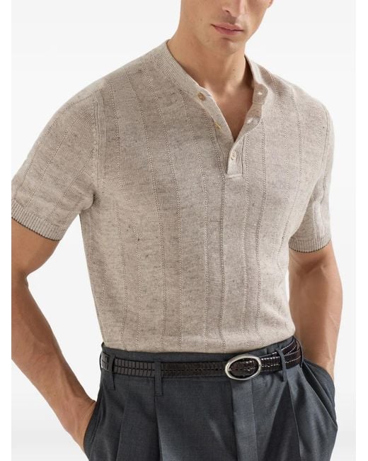 【新品定価13万】BRUNELLO CUCINELLI　半袖ニットシャツ Brunello Cucinelli メンズ ホワイト ヘンリーネック Tシャツの通販は