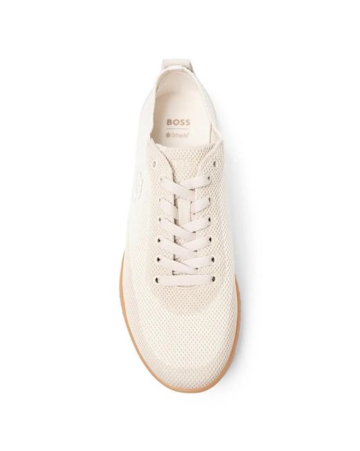 Boss White Logo-Embroidered Knit Sneakers