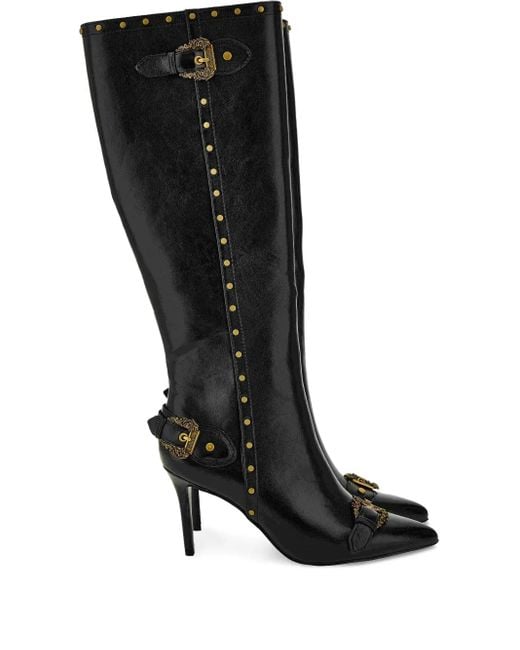 Versace Jeans Couture Black Buckle-Detail Studded Knee-High Boots