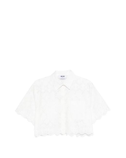 MSGM White Broderie-Anglaise Scalloped-Edge Shirt
