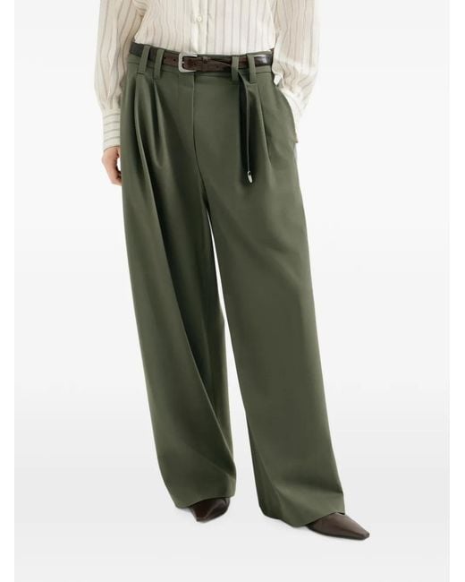 Brunello Cucinelli Green Tropical Luxury Wool Tailored Trousers With Monili