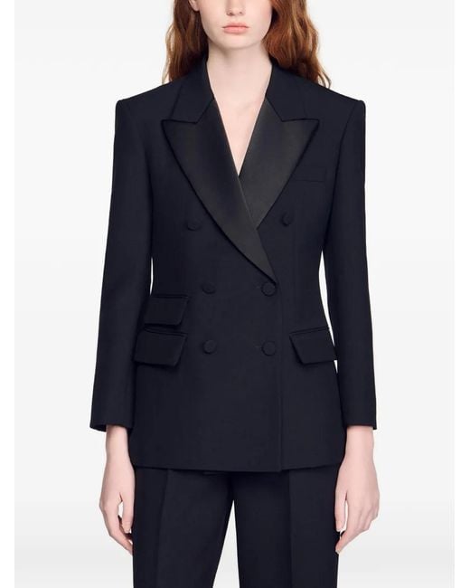 Sandro Black Satin-Lapel Double-Breasted Blazer