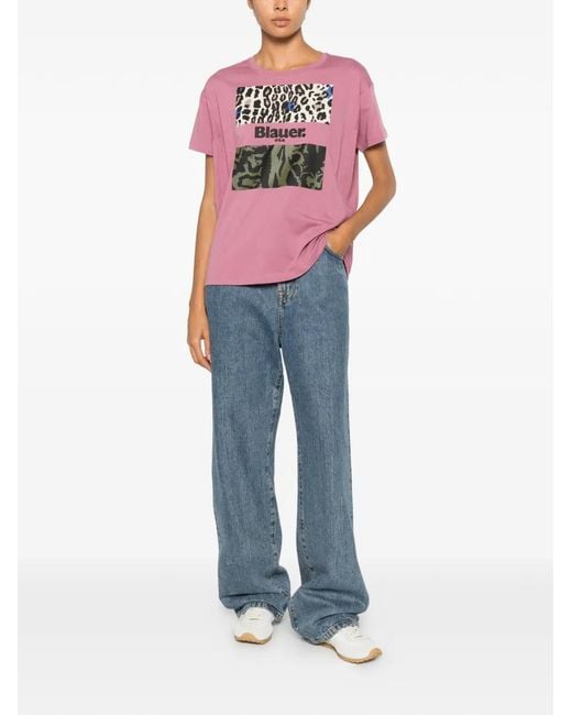 Blauer Pink Logo-Print Leopard-Pattern T-Shirt