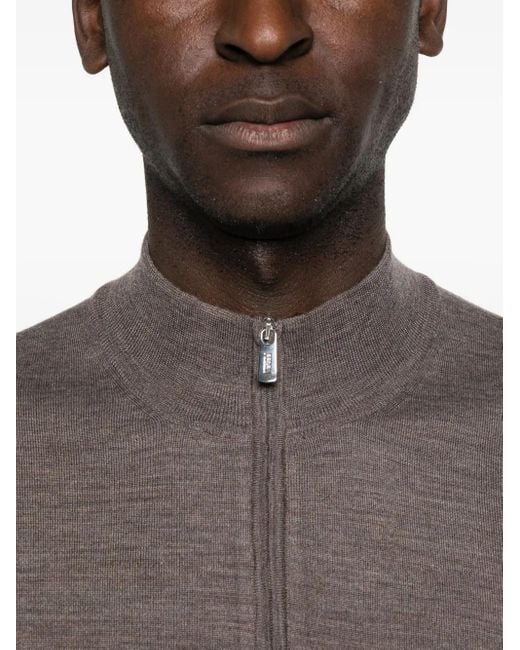 Fedeli Brown Zip-Front High-Neck Cardigan for men