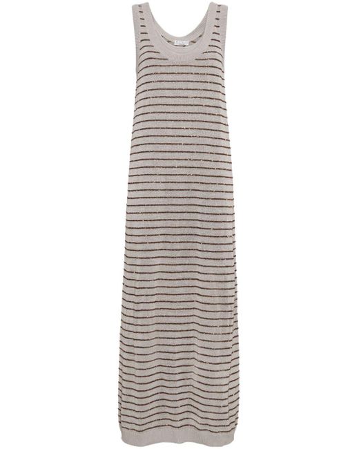 Brunello Cucinelli Gray Striped Cotton Maxi Dress
