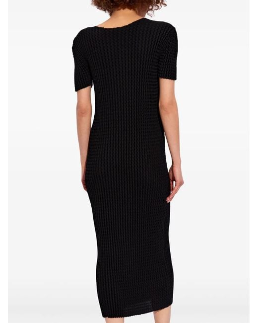 Issey Miyake Black Seersucker Short-Sleeve Midi Dress