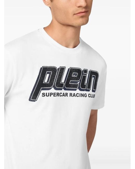 Philipp Plein White Strass Racing Club T-Shirt for men