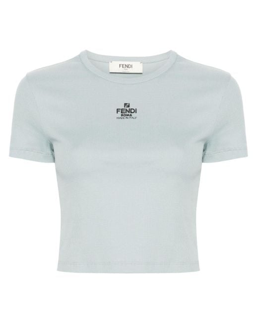 Fendi Blue T-Shirt mit Logo-Stickerei