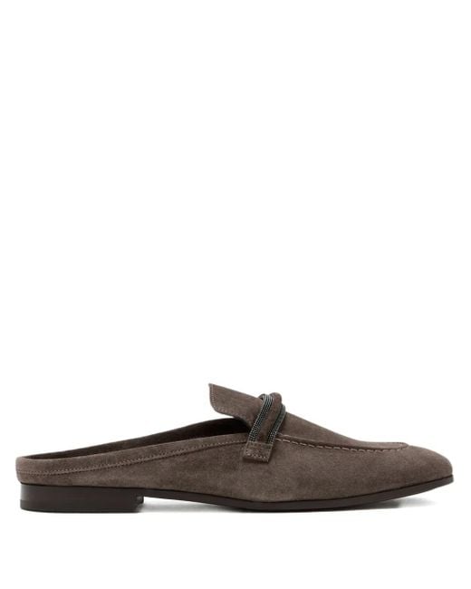Brunello Cucinelli Brown Beaded-Embellished Suede Mules