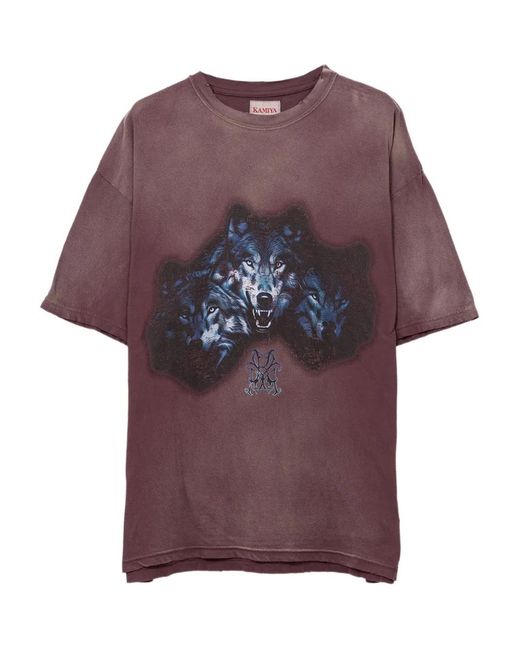 KAMIYA Purple Wolf-print Distressed T-shirt for men