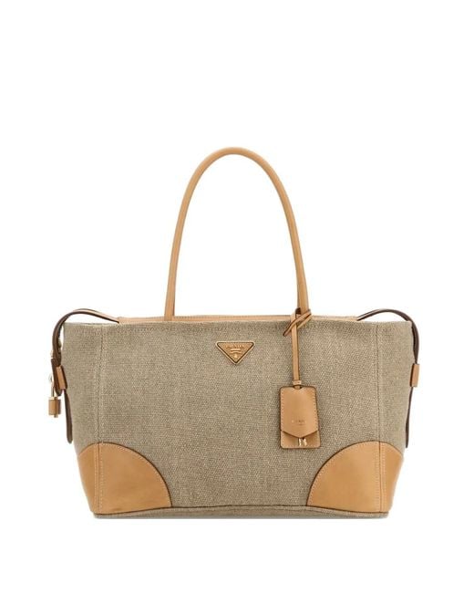 Prada Natural Large Leather-Trim Canvas Tote Bag
