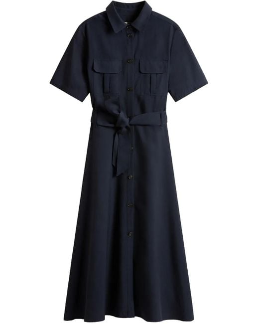 Woolrich Blue Shirt-Style Midi Dress With Belted Waist And Flowi