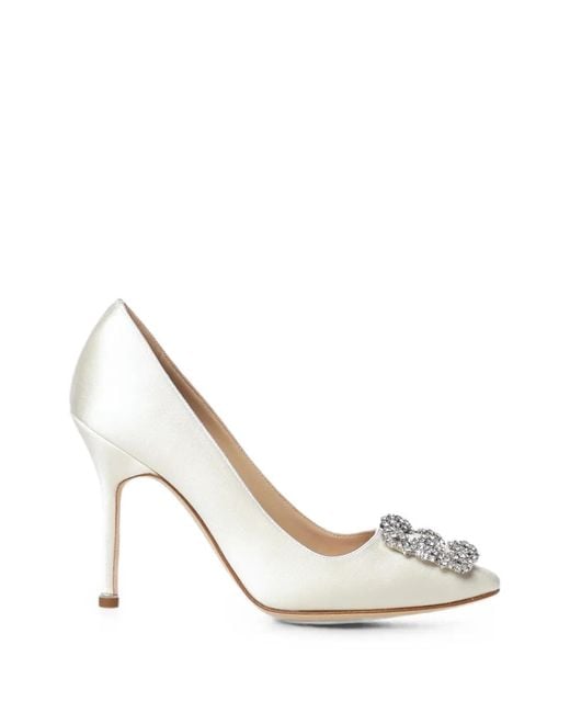 Manolo Blahnik White Hangisi Crystal-Buckle Pumps