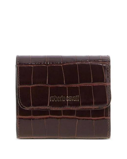 Roberto Cavalli Brown Croc-Effect Logo-Lettering Wallet