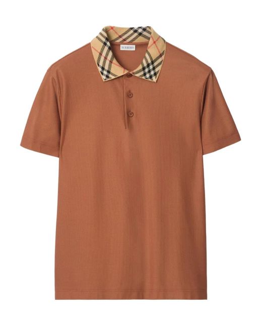 Burberry Brown Check Collar Cotton Polo Shirt for men