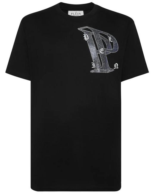 Philipp Plein Black Rhinestone-Embellished Cotton T-Shirt for men