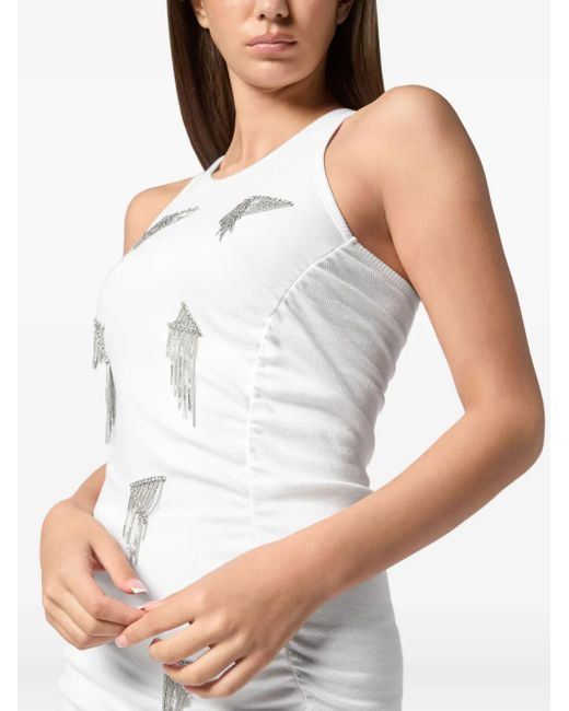 Philipp Plein White Jersey Rib Short Dress Fringe