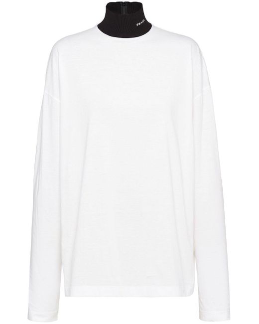 Prada High-neck Long-sleeved T-shirt in White | Lyst