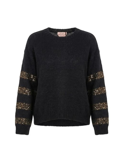 Twinset Black Sequin-Embellished Striped-Details Crew-Neck Sweater