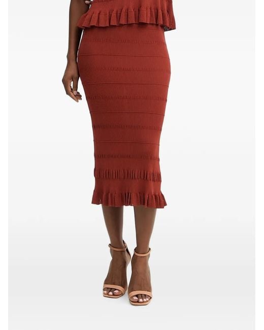 Twinset Red Ruffled Pointelle-Knit Midi Skirt