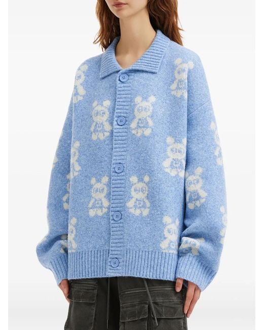 Mini Cream Blue Buttoned Bear-Pattern Cardigan