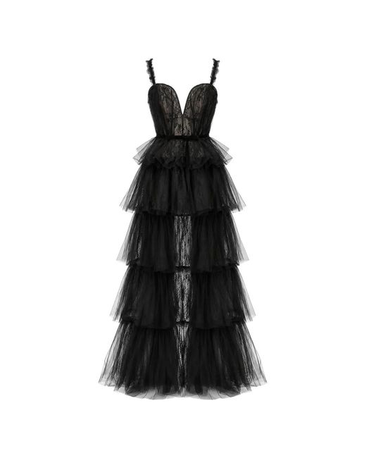 AKNVAS Black Tiered Lace-Overlay Gown