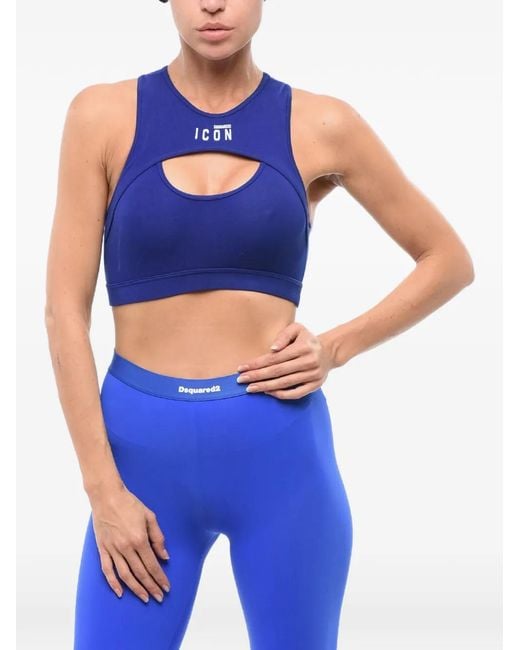 DSquared² Blue Logo-Print Cut-Out Sports Bra