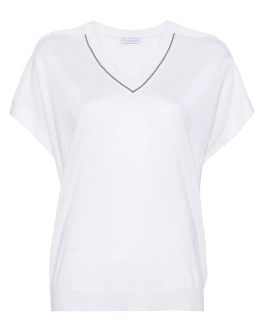Brunello Cucinelli White Beaded-Trim Fine-Knit Top