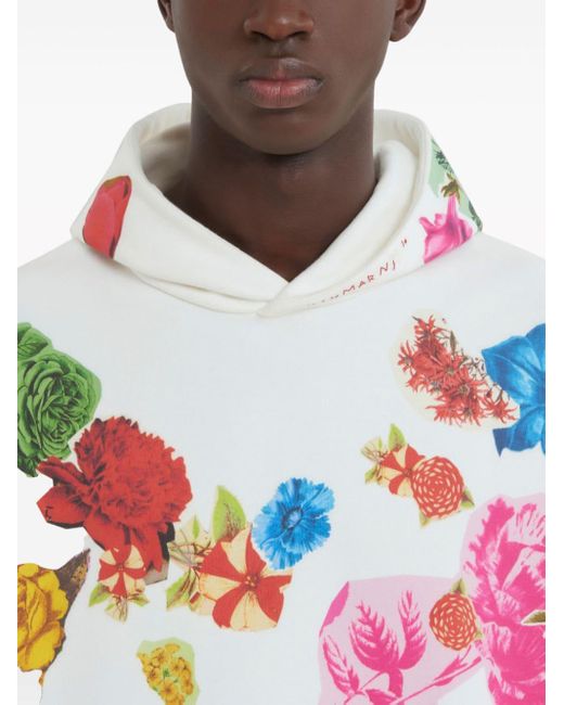 Marni White Floral-print Cotton Hoodie for men