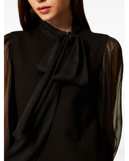 Twinset Black Bow-Neck Sheer-Sleeve Mini Dress