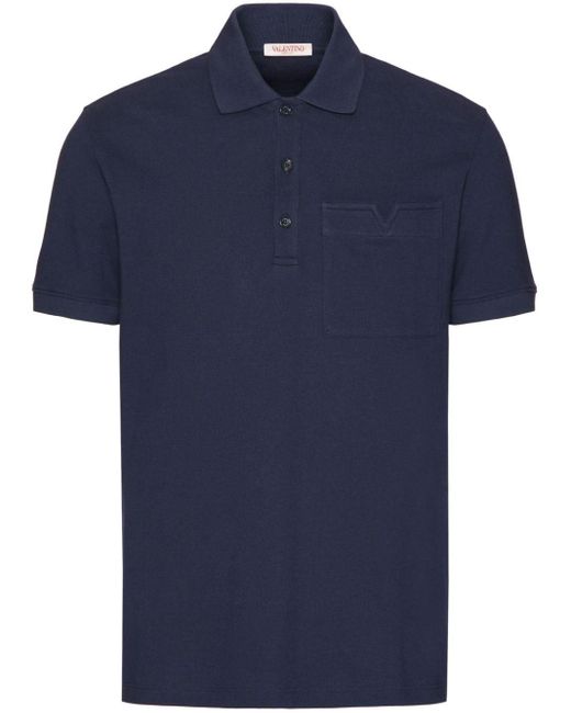 Valentino Garavani Blue V-detail Piqué Polo Shirt for men