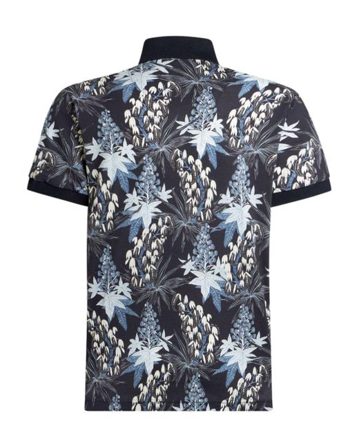 Etro Blue Leaf-print Cotton Polo Shirt for men