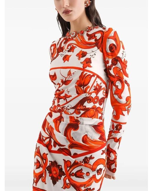 Dolce & Gabbana Red Majolica-Print Organzine Long Dress