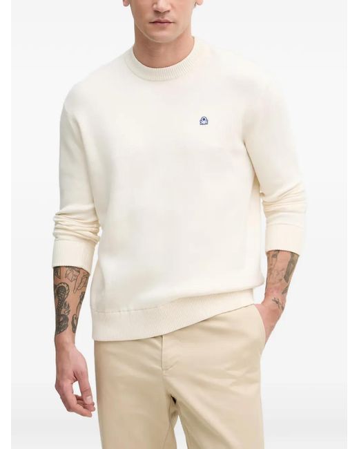 Benetton Natural Logo-Embroidered Ribbed-Trim Sweater for men