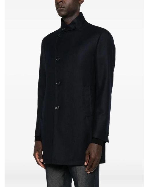 Tagliatore Blue Mandarin-Collar Button Coat for men