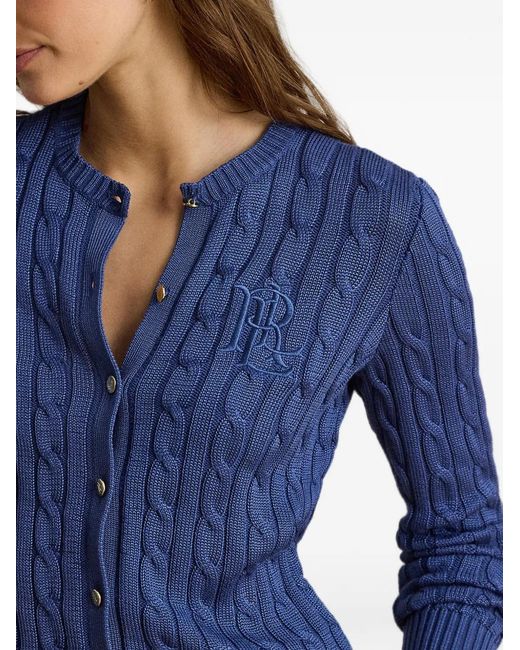 Ralph Lauren Blue Cable-Knit Logo-Embroidered Cardigan