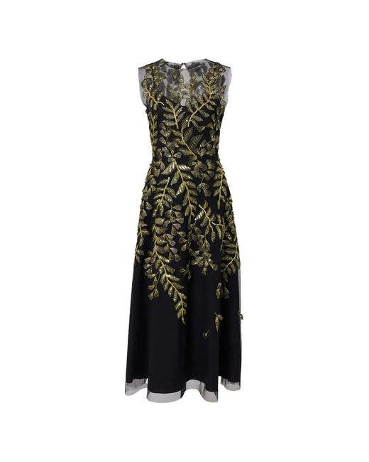 Carolina Herrera Black Leaf-Embroidered Tulle Midi Dress