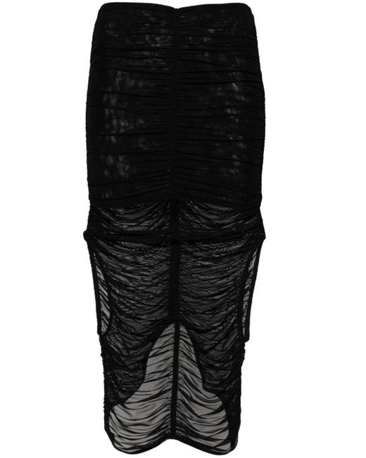 Jupe mi-longue drapée en résille Mugler en coloris Black