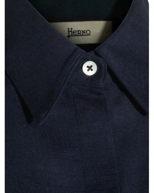 Herno Blue Linen Blend Gauze Short-Sleeved Shirt With Metal Details