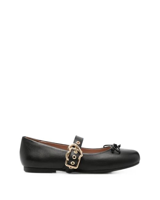 Love Moschino White Buckle-Strap Bow-Detail Ballet Flats