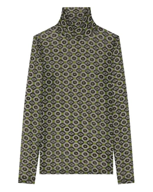 Dries Van Noten Green Geometric-Pattern Turtleneck Tee