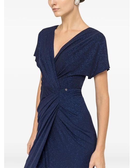 Nissa Blue V-Neck Draped Midi Dress