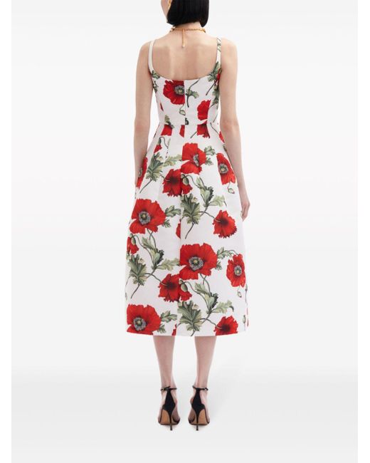 Oscar de la Renta Red Poppy-print Midi Dress