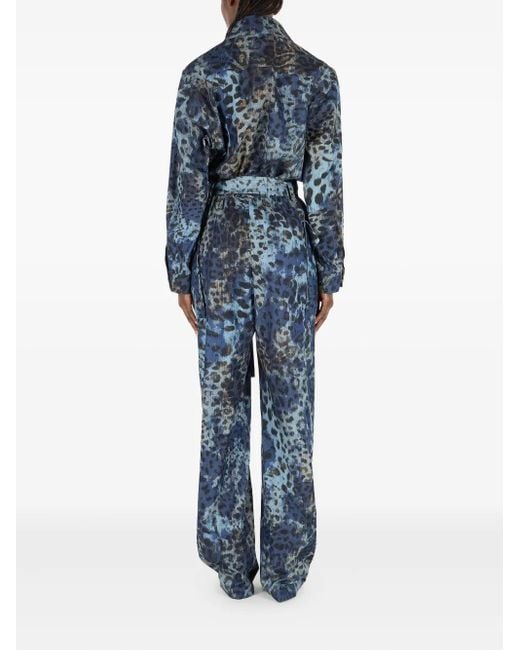 Roberto Cavalli Blue Animal-Print Belted Jumpsuit